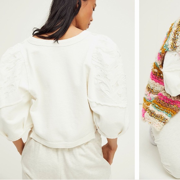 FREE PEOPLE ALYSSA ROSE COTTON PULLOVER CROPPED WITH LACE DETAILING SIZE SMALL - Picture 5 of 9